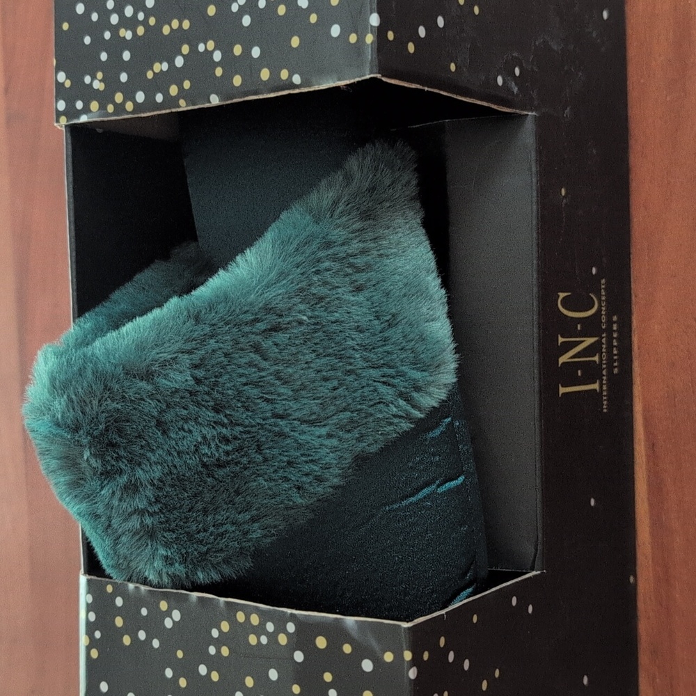 INC Green Fluffy Slippers